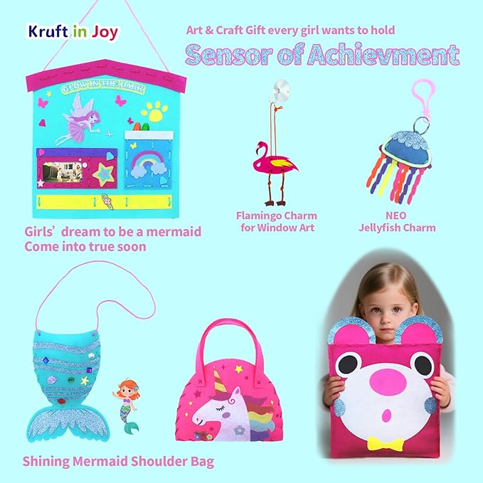 Kruft in Joy My First Sewing Kit Fun Felt Craft for Kids-8 Easy DIY Project twiggle Stuffed Animal Doll Plush Pillow Bag Charms Unicorn Mermaid Bear Fox Owl,Learn to Sew Embroidery Gift for Girl 5 12