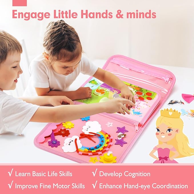 hahaland Montessori Toys for Baby Girls, Busy Board Girl Birthday Gift 17 in 1 Preschool Learning Activities with 12 Life Skill, Number,Shape,Dressup,Animal,Figures,Baby Girl Easter Gifts