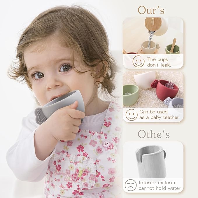 Enchanting Wooden Tea Party Set - Silicone Teapot, Cups & Carrying Scoop - Perfect for Little Girls' Tea Party & Kitchen Play - Toddler Gift