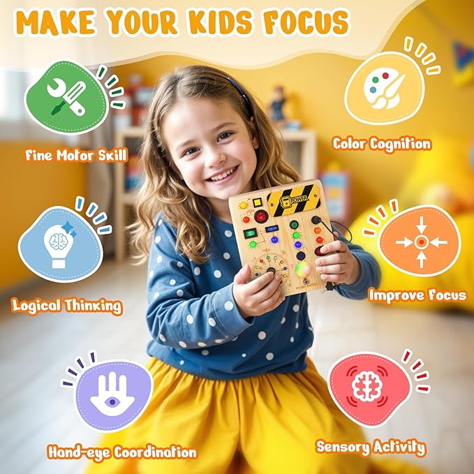 Busy Board with Led Light, Montessori Toys for 1-3 Years Old Boys Girls Wooden Toddler Toys Birthday Gift Educational Toys for 1+ Year Old, Toddler Travel Toy Sensory Toys for Kids with Autism