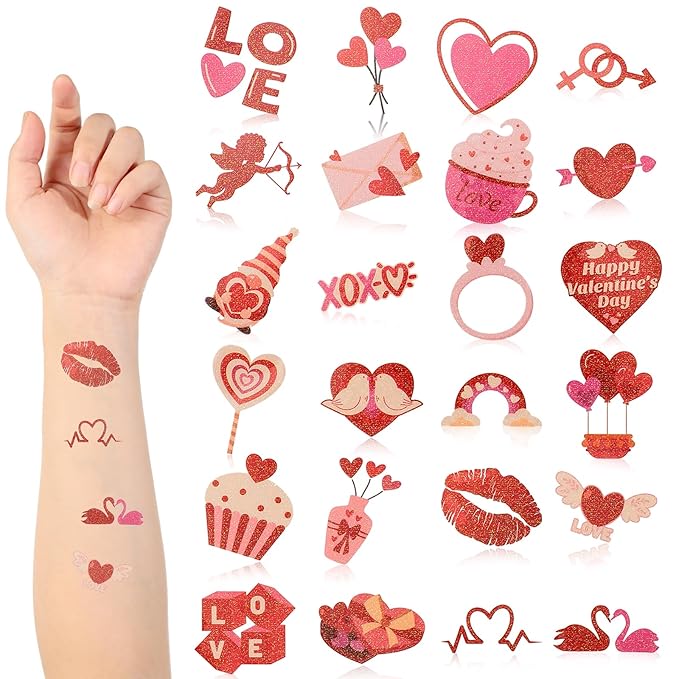 Landhoow 240 Pcs Valentine Tattoos Temporary for Kids Glitter Face Tattoos Cool Body Sticker Costume Accessory for Adults Boys Girls Party Favor