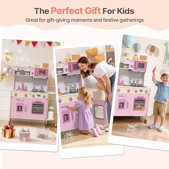 BIERUM Play Kitchen, Wooden Kids Kitchen Playset for Toddlers with Real Lights & Sounds, Height Adjustable Toys Kitchen with 30 Pcs Toy Food & Cookware Accessories (Pink)