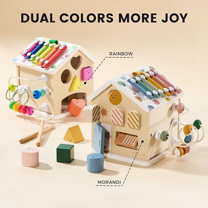 Tiny Land 9-in-1 Wooden Activity Cube, Montessori Baby Activity Center for 1+ Year Old, Educational Toy for Toddlers, Ideal Gift for Girls and Boys (Rainbow)