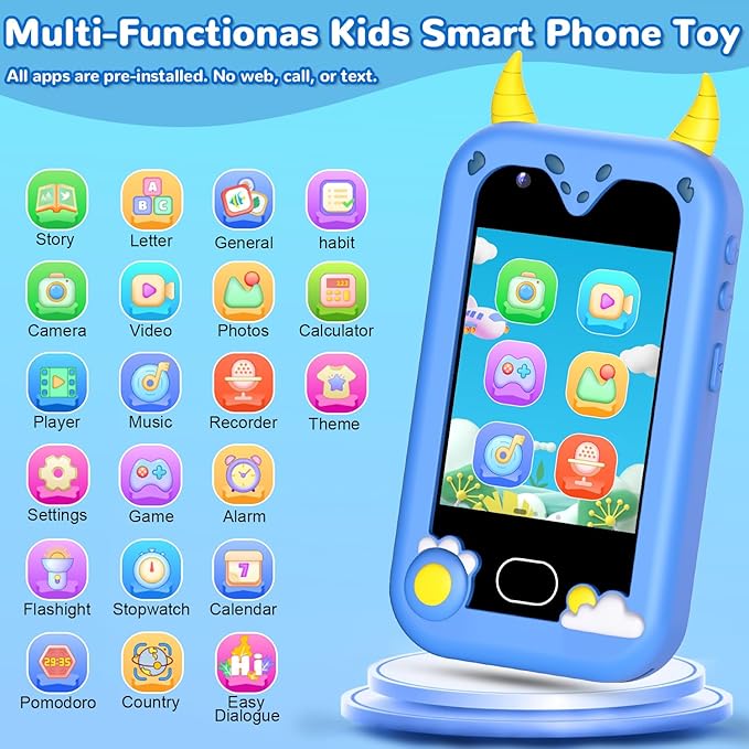 Lapare Kids Smart Phone Toys, 2.8'' Touchscreen HD Dual Camera Cell Phone for Kids, Birthday Gifts Dinosaur Toddler Play Phone for Boys 3-10, Travel Learning Toy with 32GB SD Card(Blue)