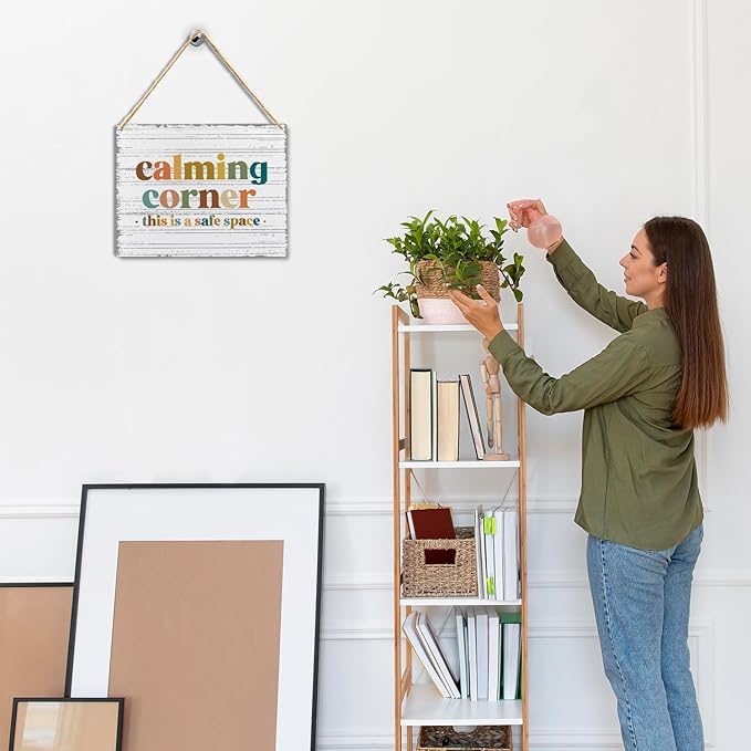Calming Corner Hanging Wood Sign - Safe Space Classroom, School Counselor's Office, Calm Down Corner Decor - Boho Style, 10x8
