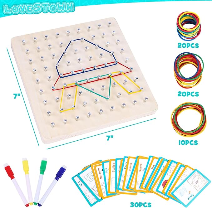 LovesTown Wooden Geoboard Montessori Toys for Kids Graphical Geo Board with Rubber Bands Educational Brain Teaser Toys for Boys Girls (Pack of 2)