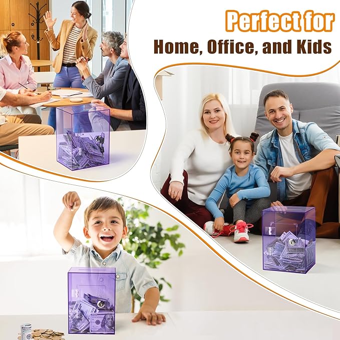Hicocool Clear Piggy Bank with Lock, Acrylic Piggy Bank for Adults Kids Openable, Reusable Money Saving Box with Key for Birthday (Purple)