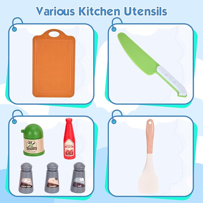 Bruvoalon 67Pcs Kids Play Kitchen Toys Set, Toddlers Pretend Cooking Playset Acccessories with Pots Pans, Utensils Cookware, Foods, Canned Veges, Learning Gift for Kids Girls Boys (Green)