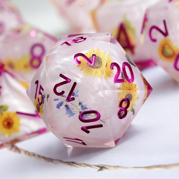 Resin Dice Set DND,DNDND Handmade Resin Sharp Edge Die with Gift Case for D&D Dungeons and Dragon Games (Flowers and Butterflies)