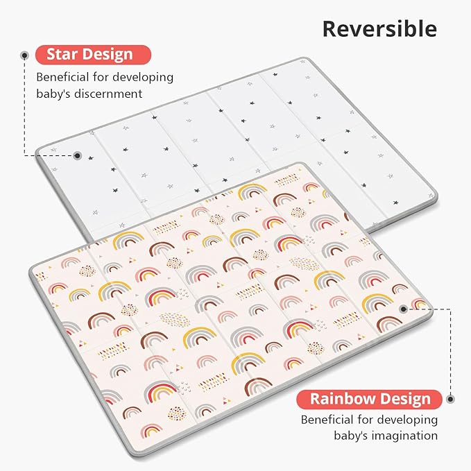 Extra Large Play Mat for Baby, 0.8 Inch Thick BPA Free, Reversible Foldable Baby Play Mat, 79" x71" Waterproof Foam Floor Baby Crawling Mat, Portable Playmat for Infants, Toddler, Kids, Rainbow