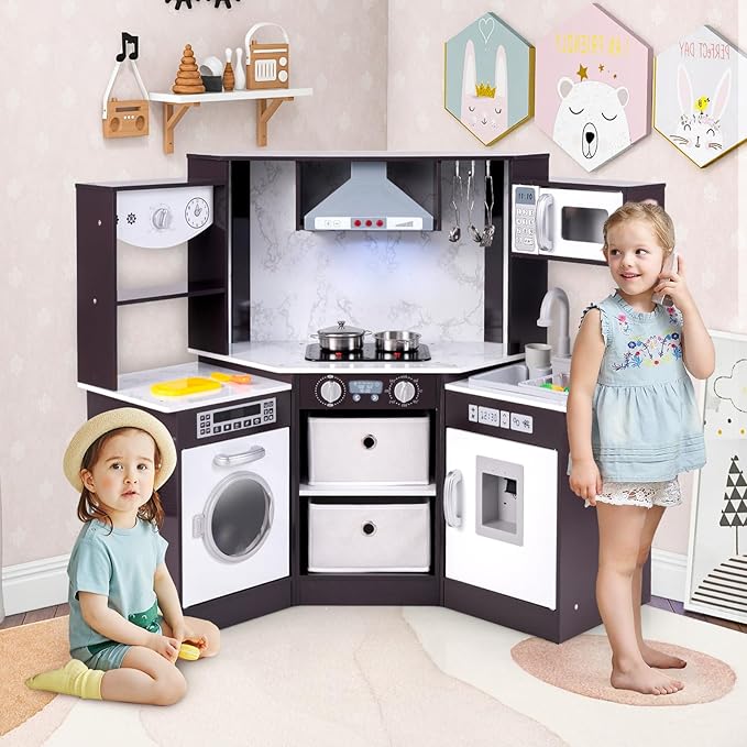 Costzon Corner Play Kitchen, Wooden Toddler Kitchen Playset with Lights and Sounds, Water Circulation System, Washing Machine, Toy Kitchen with Accessories, Kids Kitchen Playset (Brown)