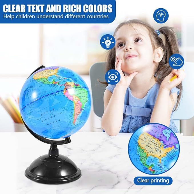 Rotating World Globe 8 Inch Spinning Earth Globe with Stand for Kids Learning Geography Classroom Education or Office Home Decorations