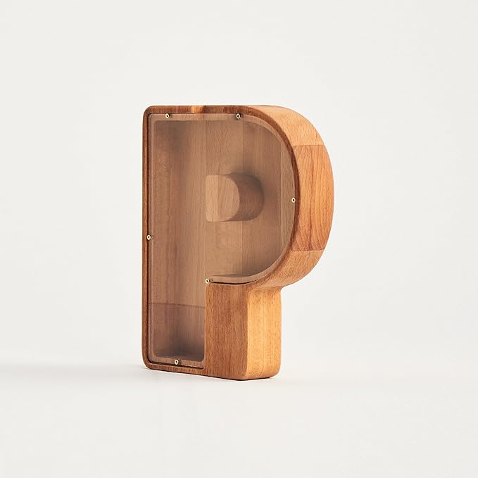 Personalized Wooden Piggy Bank – Custom Letter P Coin Bank in Beech Wood with Clear Acrylic Front, Engraved Name Option, Money Saving Box for Kids and Adults