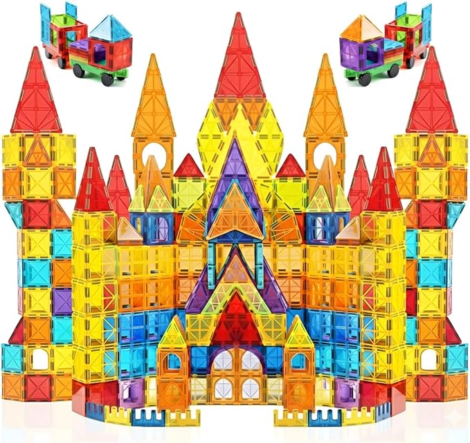 Magnetic Tiles 180 PCS with 2 Cars - STEM Building Blocks for Kids,Safe Magnatiles for 3+ Preschool Toddlers, Educational Gift for Boys & Girls
