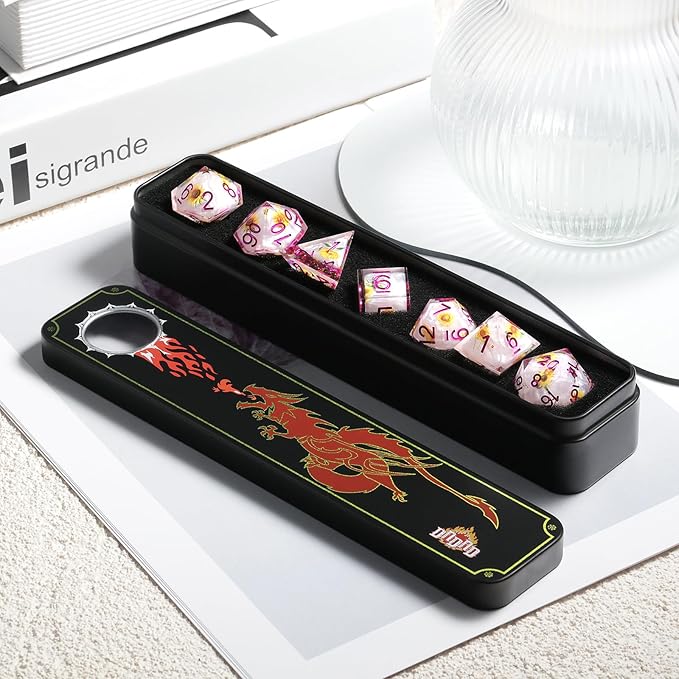 Resin Dice Set DND,DNDND Handmade Resin Sharp Edge Die with Gift Case for D&D Dungeons and Dragon Games (Flowers and Butterflies)