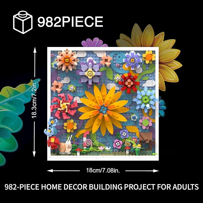 Micro Brick Flower World Building Set, 3D Floral Wall Art Home Office Decoration or Table Display, Creative Building Craft Set, Ideas Gift Building Toy for Adults,Teens Ages 8+ Kids