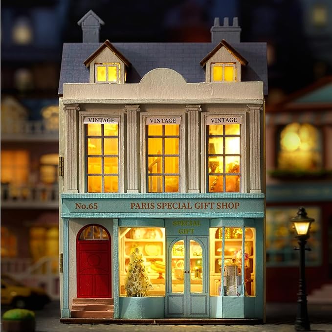 DIY Miniature House Kit, CUTEROOM Wooden Dollhouse Kit Mini House Making Kit with Furnitures, DIY Dollhouse Kit Birthday Gift for Women and Girls (Gift Shop)