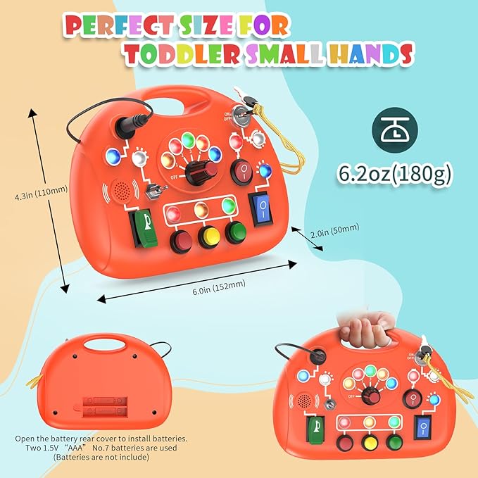 Montessori Busy Board for 1 Year Old, Busy Board with LED Light, Baby Sensory Board Toddler Travel Toys for Kids Preschool Learning Activities Boys & Girls Birthday (Orange)