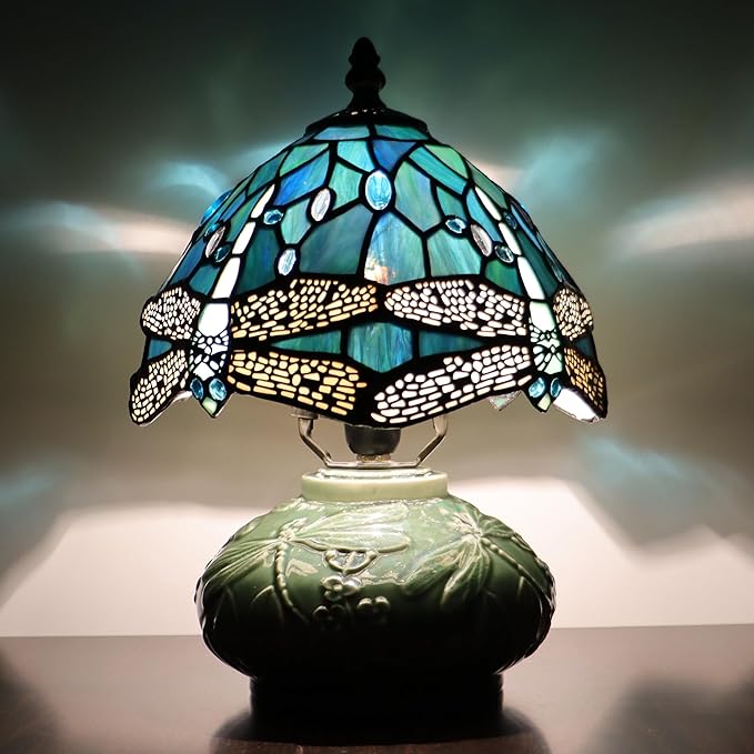 Small Tiffany Lamp Mushroom Table Lamp, Mini Stained Glass Desk Light Memory Sympathy Ceramic lamp 8X11 Inch (Sea Blue Dragonfly Style)