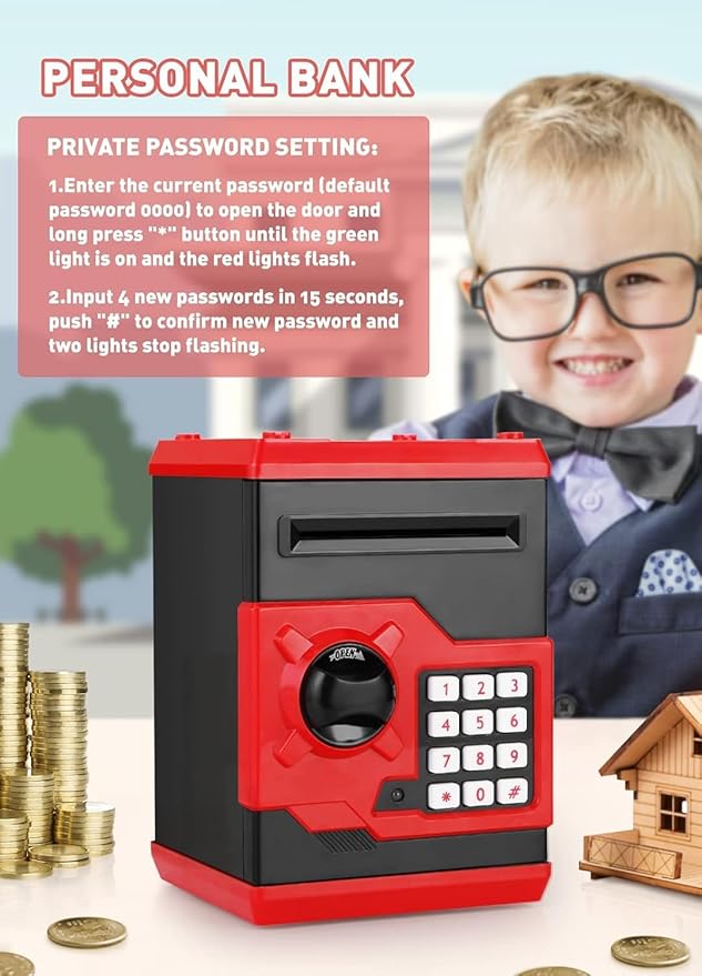 Piggy Bank for Girls Boys Large Electronic Money Coin Banks with Password Protection, Automatic Paper Money Scroll Saving Box, Great Gift for Kids (Black-Red)