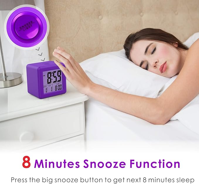 Plumeet Digital Alarm Clock for Kids with Snooze and Nightlight - Easy Setting Silicone Display Time, Date - Loud for Bedroom - Battery Powered (Purple)
