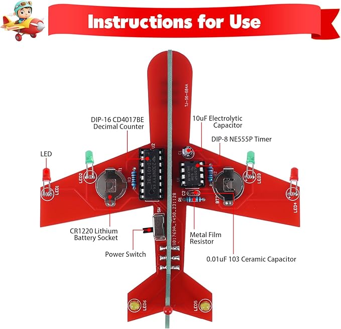 Icstation Learning Soldering DIY Airplane Kit for Beginners, 3 Color LED Flashing Lights Airplane Soldering Project Kit for High School Student Back to School Soldering Practice STEM Education