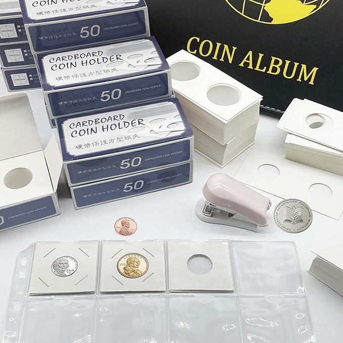 400 PCS Cardboard Coin Flips with 20 Sheets Coin Pocket Pages, 8 Assorted Sizes 2" x 2" Cardboard Coin Holders Coin Flips Coin Collection Supplies for Dime, Dollars, Penny, Quarter, Nickels Collecting