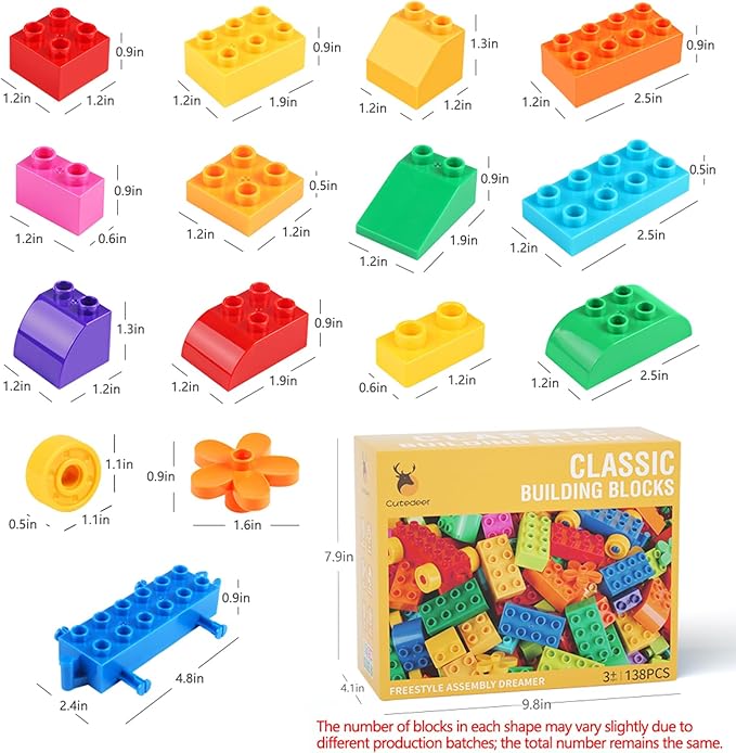 Cutedeer 138 Piece Building Blocks for Kids Toddlers, Classic Big Bricks Set Compatible with All Major Brands, STEM Large Building Toys with Gift Box for All Ages Boys Girls