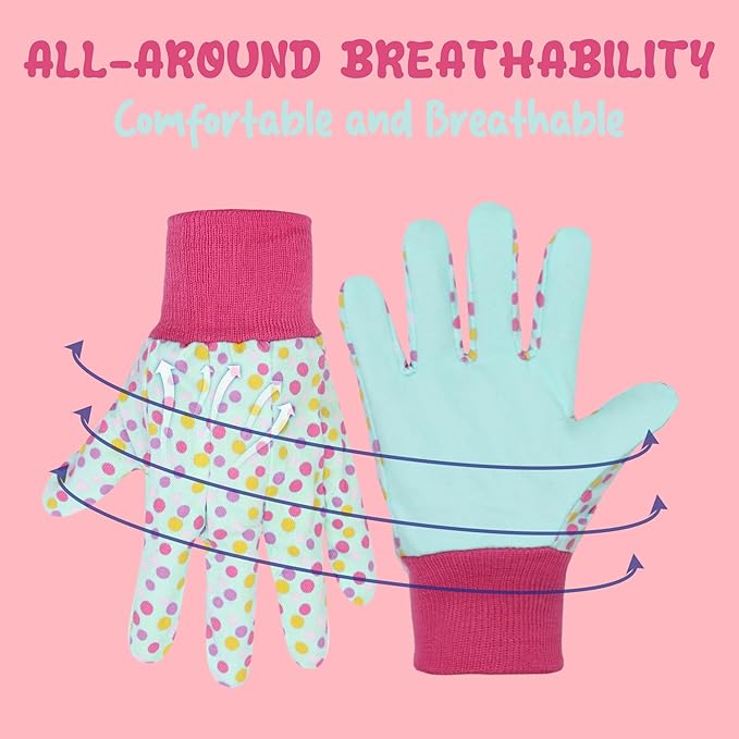 HANDLANDY 4 Pairs Kids Gardening Gloves, Girls Boys Children Garden Work Play Gloves (Pink Dot, Medium)