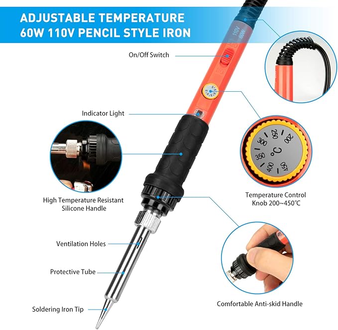 Soldering Iron Kit, 60W Upgraded Soldering Kits Adjustable Temperature Welding Tool Solder Irons Pen with On/Off Switch Use for Electrical Repairs