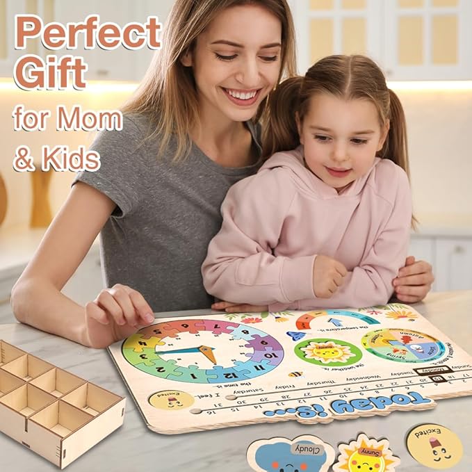 Interactive Calendar for Kids Ages 3+, Wooden Toddler Calendar, Teaching Seasons, Years, Months, Days of Week, Daily Activity Calendars for Kid Preschool & Homeschool (10 x 14 inches)