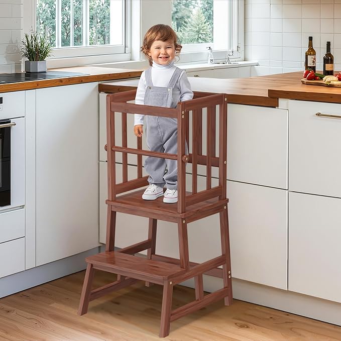 COSYLAND Toddler Kitchen Stool Helper – Stable A-Frame Design Kids Kitchen Step Stool with Protective Crossbar – Wooden Toddler Standing Tower for Learning in Bathroom (Brown)