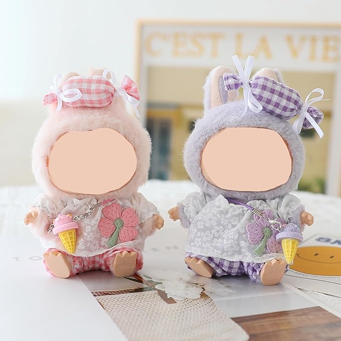 Clothes for Labubu Doll,Clothes for Dolls Accessories,Four-Leaf Clover Candy Summer Replacement Outfit Set 5 Pieces Suitable for Labubu 15&17cm ,Adorable Dress-Up Accessories for Doll (Pink)