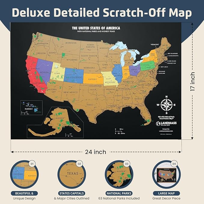 Landmass Scratch Off United States Map, Travel Poster with National Parks, State Capitals, USA Wall Art, Gift for Travelers, Home Travel Decor, Gift Idea for Adventure Enthusiasts, 17x24 Inches