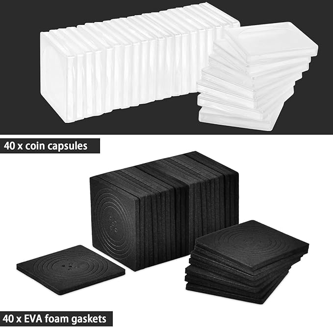 ALCYON 40 Pieces Silver Dollar Coin Snap Holder, 2 x 2 Inch Coin Capsule Coin Collection Supplies with Adjustable Gasket, 5 Size (20/25/30/35/40 mm) Coin Case Container for Collectors (Black, 40 pcs)