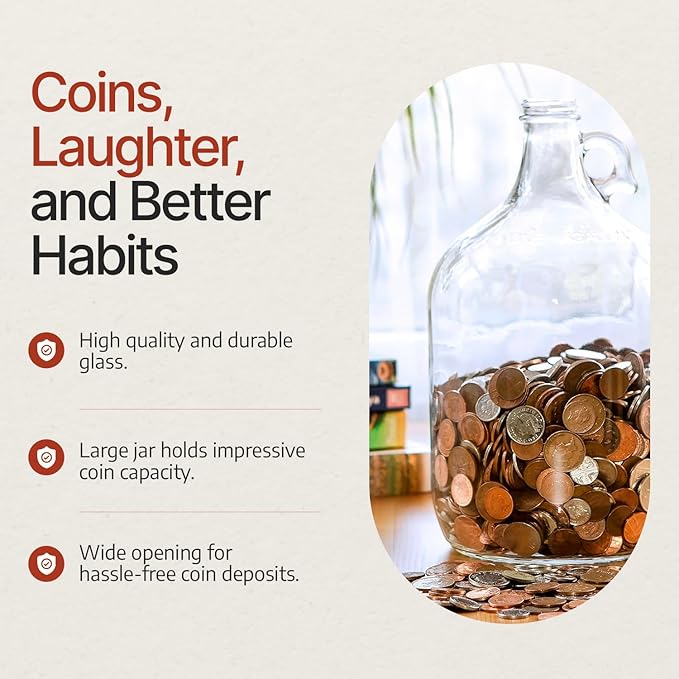Piggy Bank for Adults - Large Coin Bank Glass Jar - for Saving Money & Small Change - Gallon Jug Made in USA