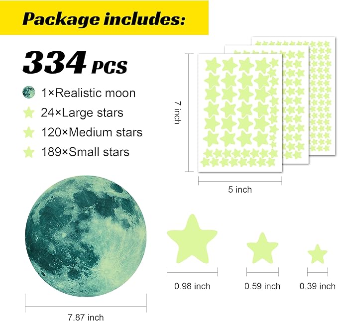 Glow in The Dark Star Stickers 334PCS Wall Stickers Luminous Glow Stars for Ceiling Stars Moon Decor,Bright and Lasting for Kids Bedroom Decals Party and Birthday Decoration,Green