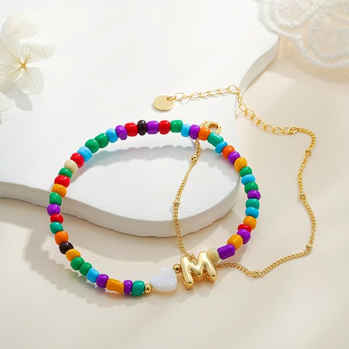 Colorful Initial Bracelets for Women Girls - 14K Gold Plated Heart Initial Letter Daint A-Z Charm Bracelet Summer Jewelry Teen Girl Gifts for Teen Kids