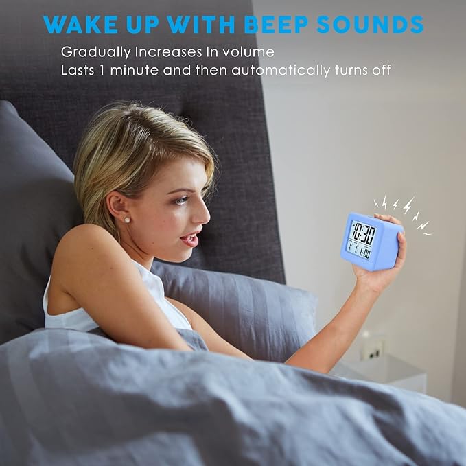 Plumeet Digital Alarm Clock Kids Clock with Snooze and White Nightlight - Easy Setting Travel Alarm Clocks Display Time, Date, Alarm - Ascending Sound - Battery Powered (Baby Blue)