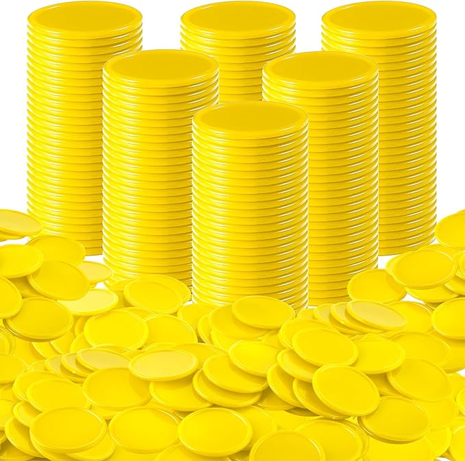 Coopay 500 Pieces Plastic Learning Counters Disks Bingo Chip Counting Discs Markers for Math Practice and Poker Chips Game Tokens Kids Reward, 1 Inch (Yellow)