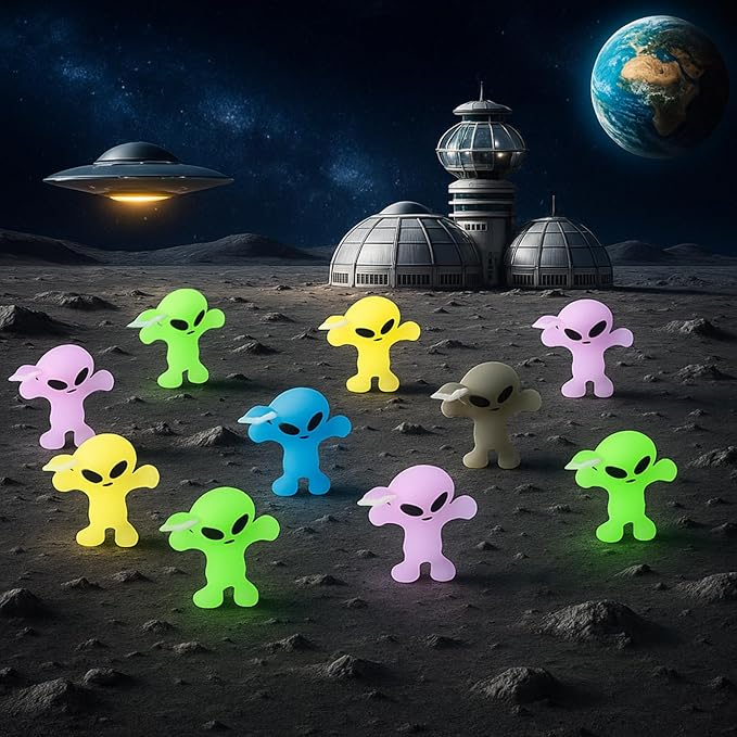 20 Pcs Colorful Mini Alien Figures Glow in The Dark Small Little Tiny Aliens Figurine Space Ship Toy Space Party Favors Prank Rubber Bag Piñata Filler