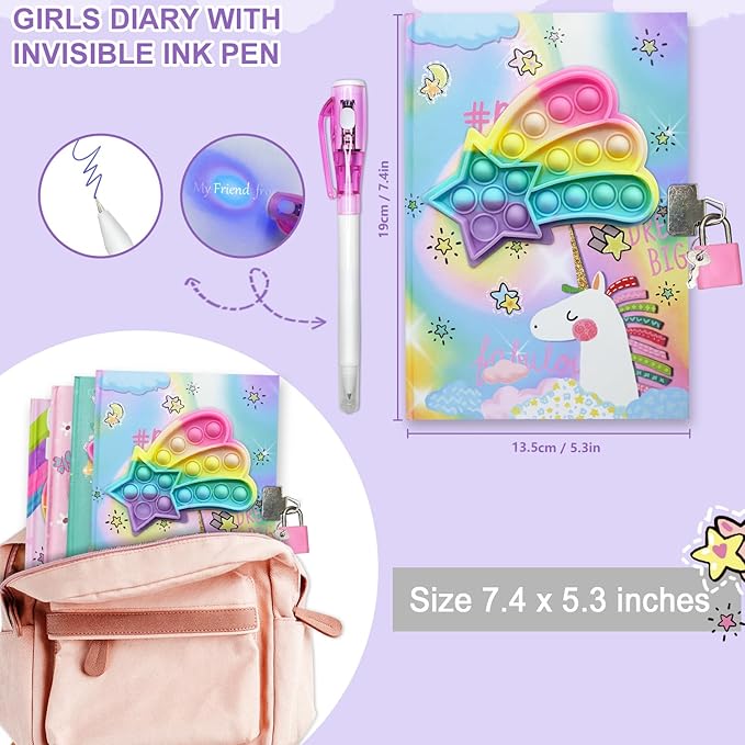 Pop Girls Diary with Lock and Invisible Ink Double-end Pen, 7.5x5.4 Inches 160 Lined Pages Fidget Unicorn Girls Journal for Kids Secret Notebook Pen Set Birthday Gifts for Girls 5 6 7 8 9 10 Years Old