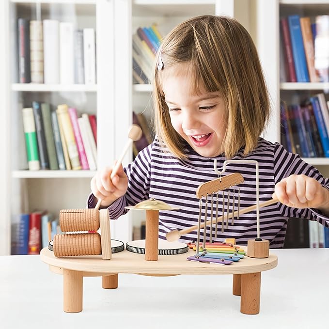 Promise Babe Wooden Drum Set for Toddlers 1-3, Musical Percussion Instruments for Kids Baby Drum Set Xylophone, Montessori Educational Musical Toys, Gifts for Girls Boys Ages 3+