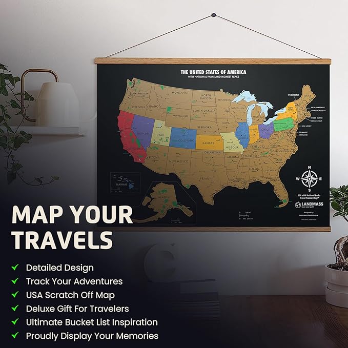 Landmass Scratch Off United States Map, Travel Poster with National Parks, State Capitals, USA Wall Art, Gift for Travelers, Home Travel Decor, Gift Idea for Adventure Enthusiasts, 17x24 Inches
