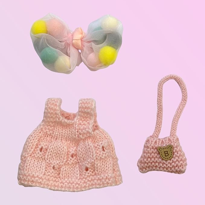 Clothes for Dolls, Handcrafted Crochet 3-Piece Set for 17cm Doll, Cute Stylish Knitted Outfit with Headband, Dress, Bag Accessories for Doll