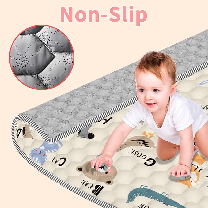 Baby Play Mat for Floor, 50x50 Playpen Mat, Soft Portable, Non-Slip Crawling Mat Machine Washable Foldable Playmate for Babies,Toddlers, Infants Indoor/Outdoor Use, Alphabet & Animal Design