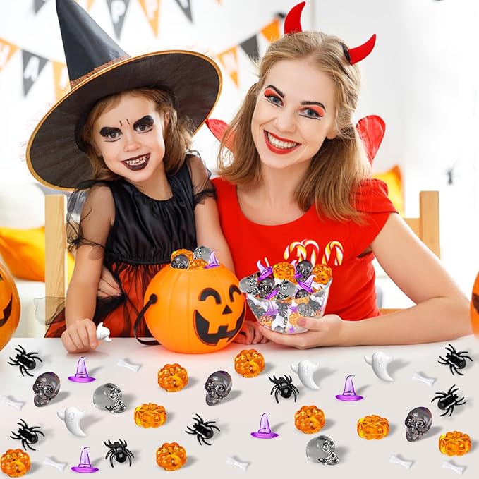 220 Pcs Halloween Vase Filler, Mini Acrylic Pumpkin Ghost Skull Spider Witch Hats Gems for Centerpieces Table Decorations, Halloween Sensory Bin Filler Decor for DIY Crafts