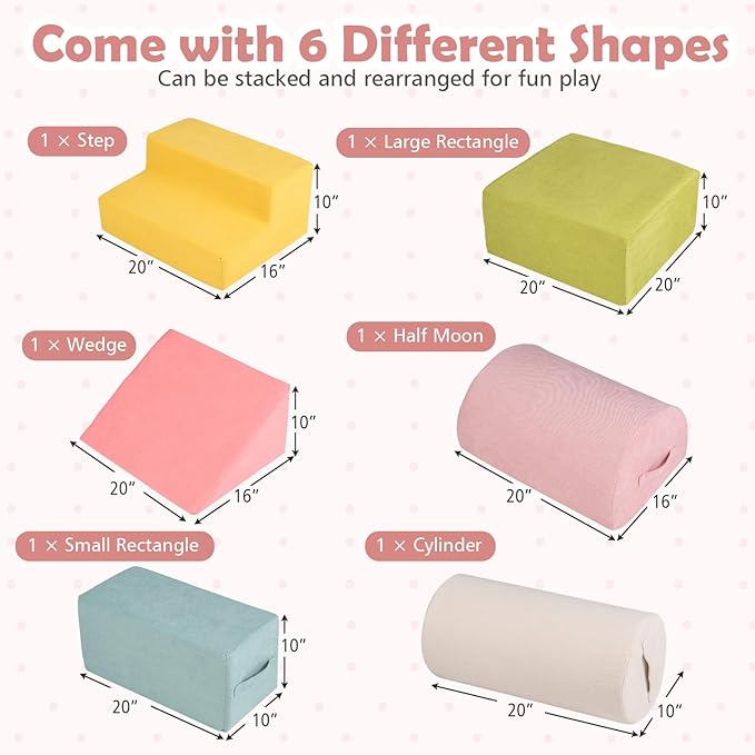 Costzon Toddler Climbing Toys Indoor, 6 Pieces Foam Climbing Blocks for Baby Inside with Skin-Friendly Chenille Fabric, 30D High-Density Foam & Carrying Handles, Soft Play Climbing for Toddlers (Pink)