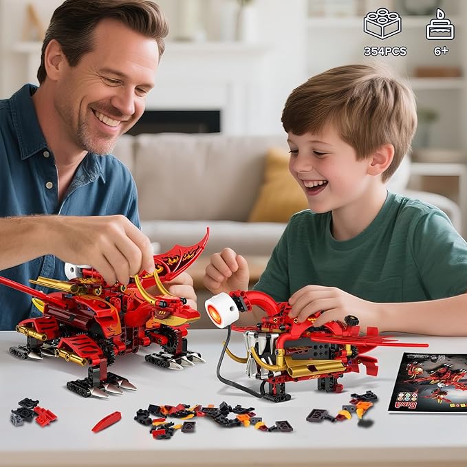 HOGOKIDS 5-in-1 Dragon Robot Building Toys with 6 Lighting Colors & 5 Light Effects - 354PCS Remote & App Control Robots Toy Set for Kids, RC Robot Building Toys Gifts for Teens Boys Girls Age 8-12
