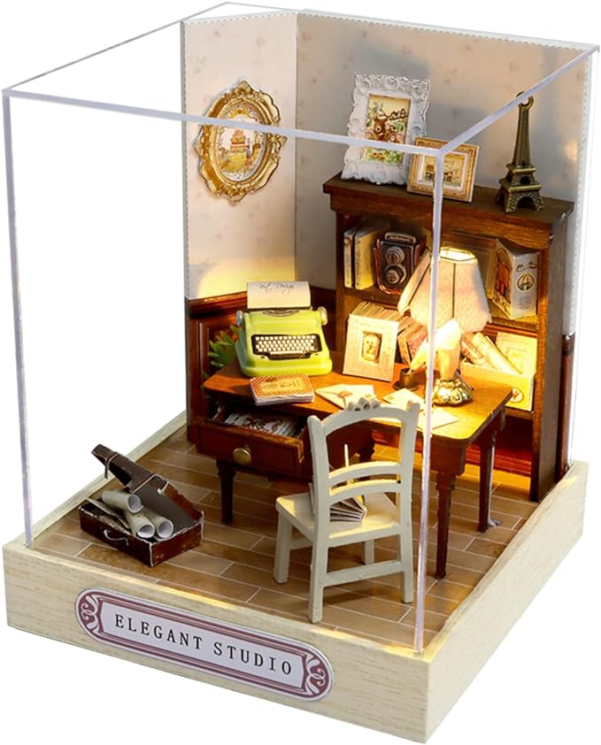 CUTEROOM DIY Doll Room Miniature Furniture Wooden House Kit - Wooden Dolls House Kit with Dust Cover & LED Light and Accessories - QT Series Dollhouse (QT031)
